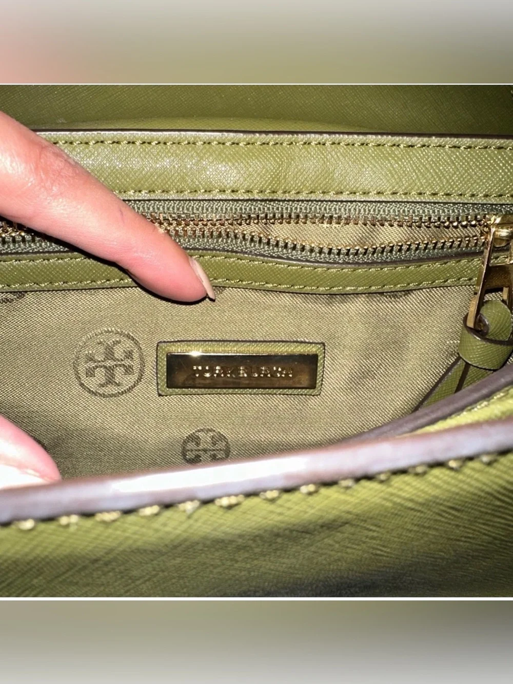 Tory Burch Olive Croc-Embossed Shoulder Bag with Gold Chain